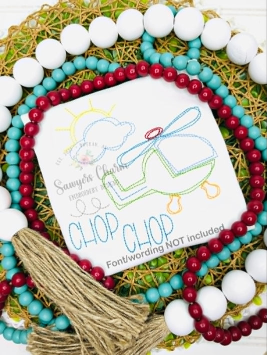 Squiggly helicopter bean stitch machine embroidery design, scribble vintage stitch, transportation, sunshine clouds