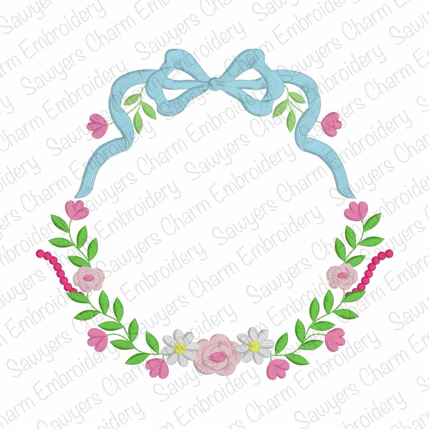 Floral monogram frame with coquette bow, machine embroidery design, Trendy spring/summer garden