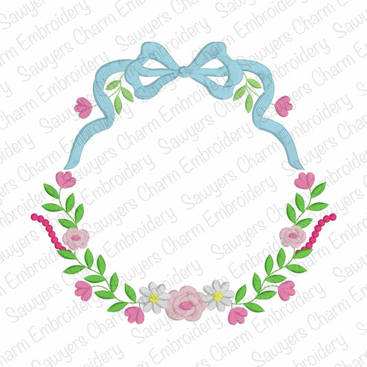 Floral monogram frame with coquette bow, machine embroidery design, Trendy spring/summer garden