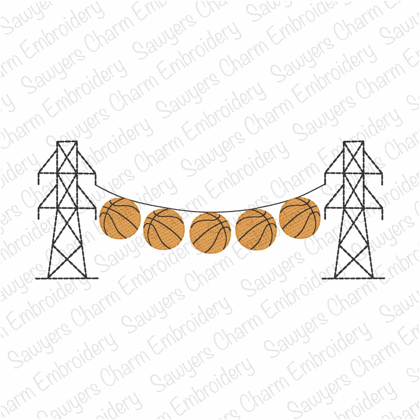 Transmission tower lineman basketballs bunting banner, sketch stitch machine embroidery design, winter sports, power line