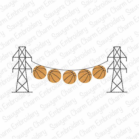 Transmission tower lineman basketballs bunting banner, sketch stitch machine embroidery design, winter sports, power line