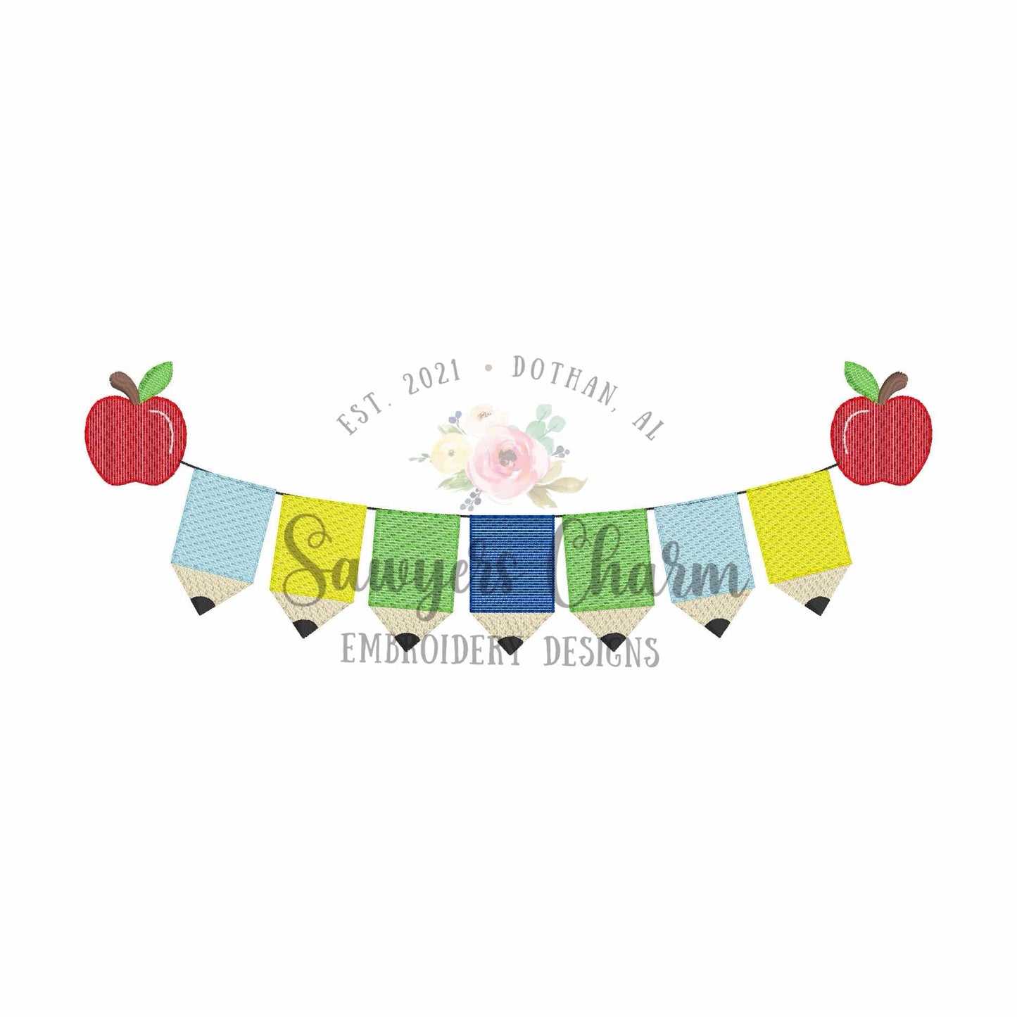 Pencils & apple bunting embroidery design, sketch stitch, bean stitch details, Back to School