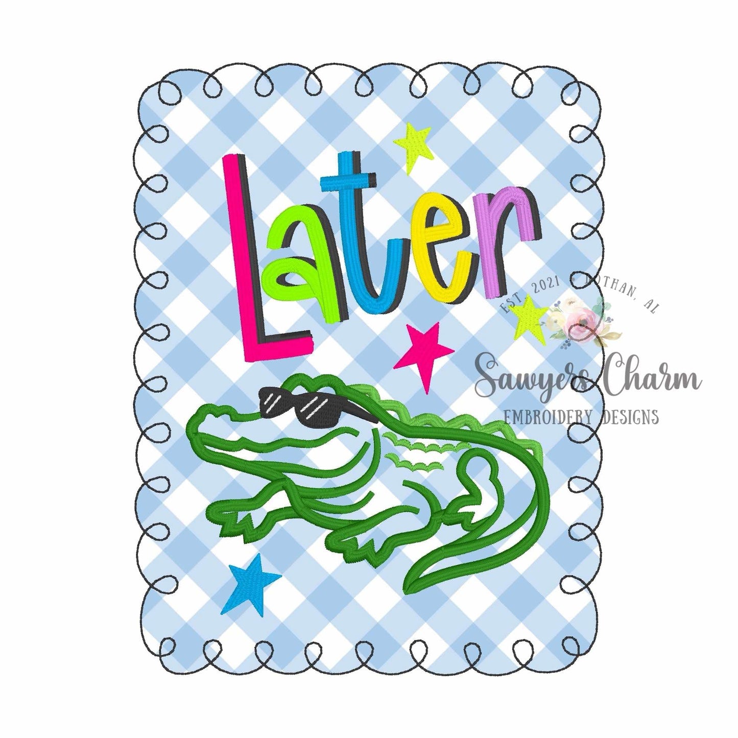 Later Gator bean stitch applique BUNDLE, machine embroidery design, with/without coquette bow, satin stitch star doodles