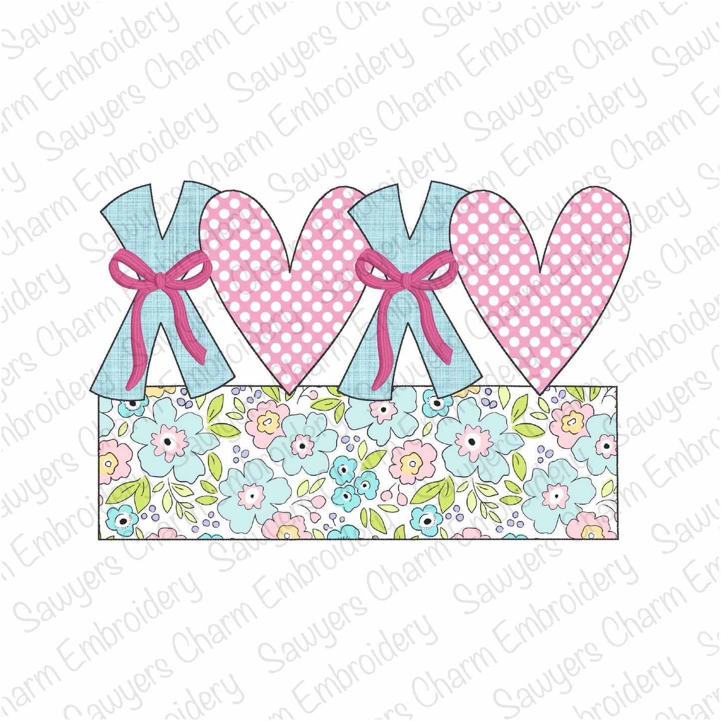 BUNDLE XOXO hearts with coquette bows and name plate zig zag & bean stitch applique, machine embroidery design, Valentine's Day love