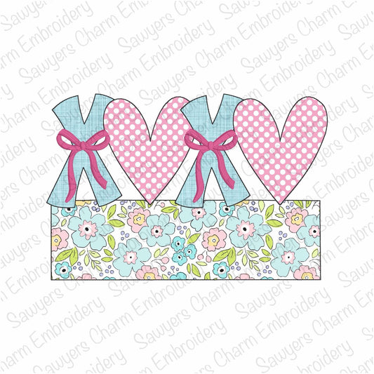 BUNDLE XOXO hearts with coquette bows and name plate zig zag & bean stitch applique, machine embroidery design, Valentine's Day love