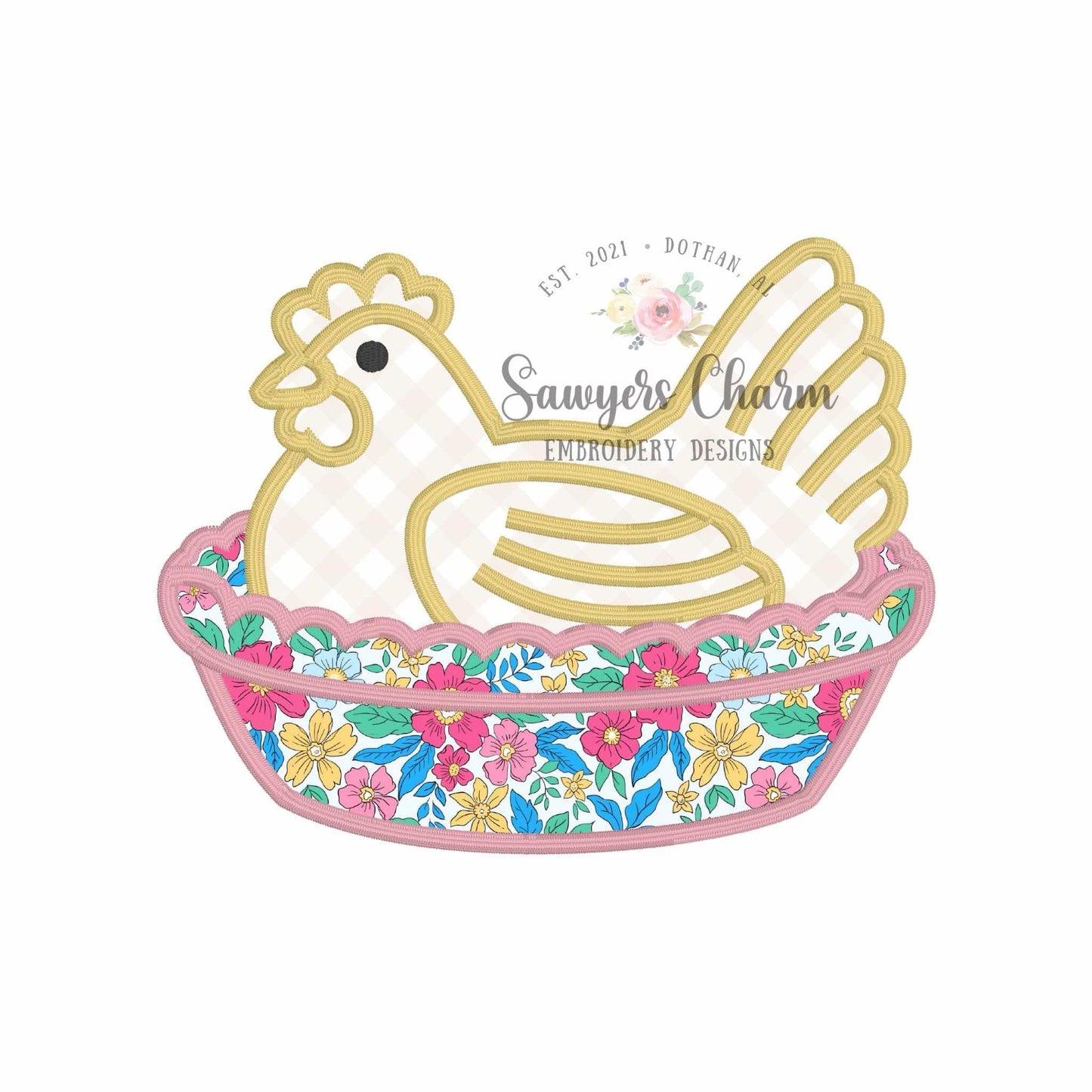 Hen on nest satin stitch machine applique embroidery design, Vintage spring chicken