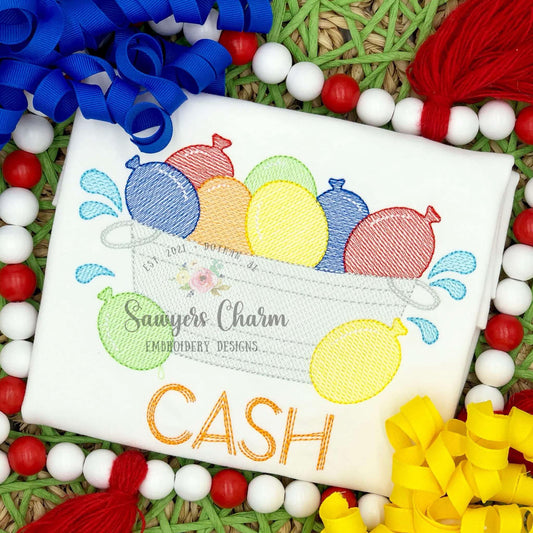 Water balloons bucket sketch stitch machine embroidery design, summer spring, outdoors birthday, swimming pool party