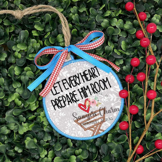 ITH Let Every Heart Prepare Him Room manger with heart Christmas ornament, satin stitch machine embroidery design, happy holidays, Merry Christmas, Baby Jesus