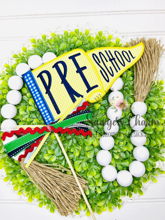 Preschool Pennant satin stitch applique, with coquette bow, ITH project, back to school