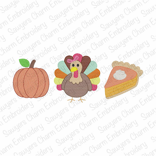 BUNDLE Thanksgiving trio sketch stitch machine embroidery design, quick stitch, pumpkin, turkey, pie , gobble, happy holidays