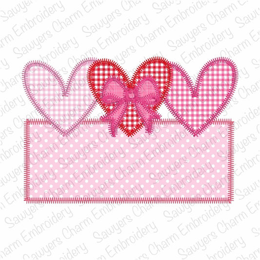 BUNDLE Heart trio with coquette bow and name plate zig zag & bean stitch applique, machine embroidery design, Valentine's Day love