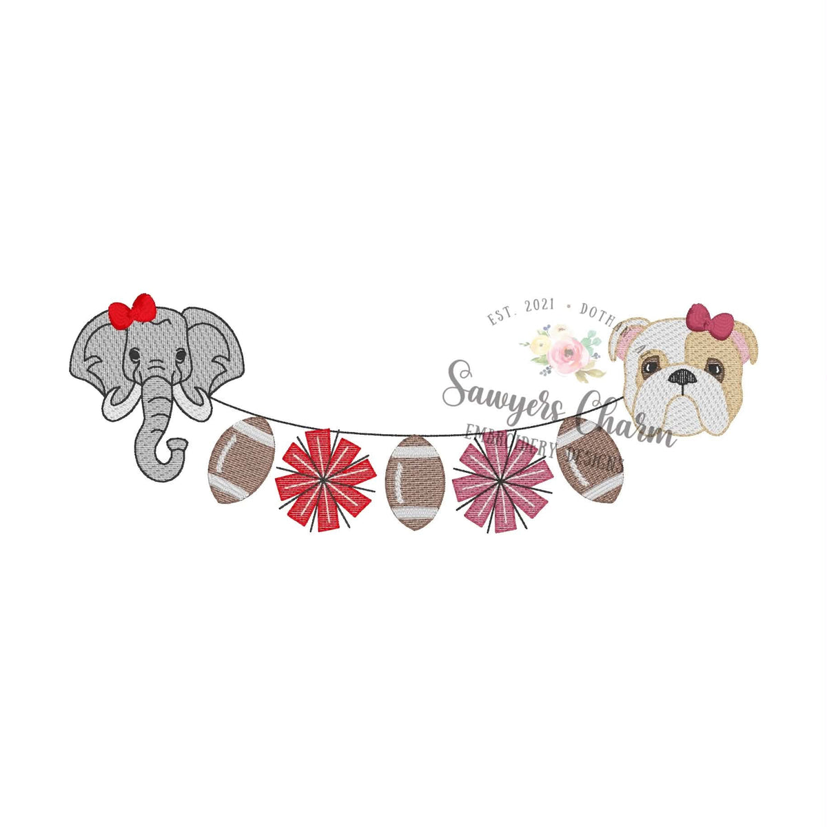 Elephant & Bulldog mascot football pom poms bunting, sketch stitch embroidery design, with coquette bows, house divided
