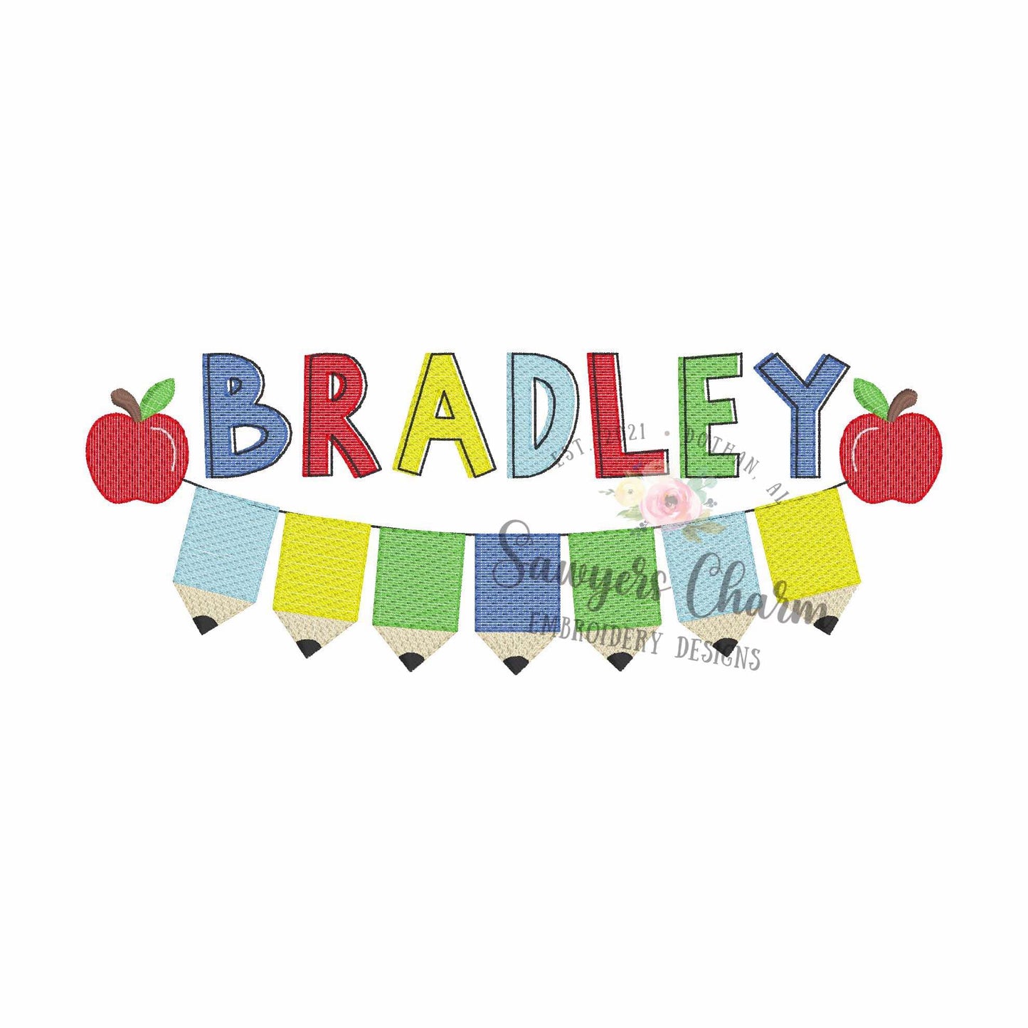Pencils & apple bunting embroidery design, sketch stitch, bean stitch details, Back to School