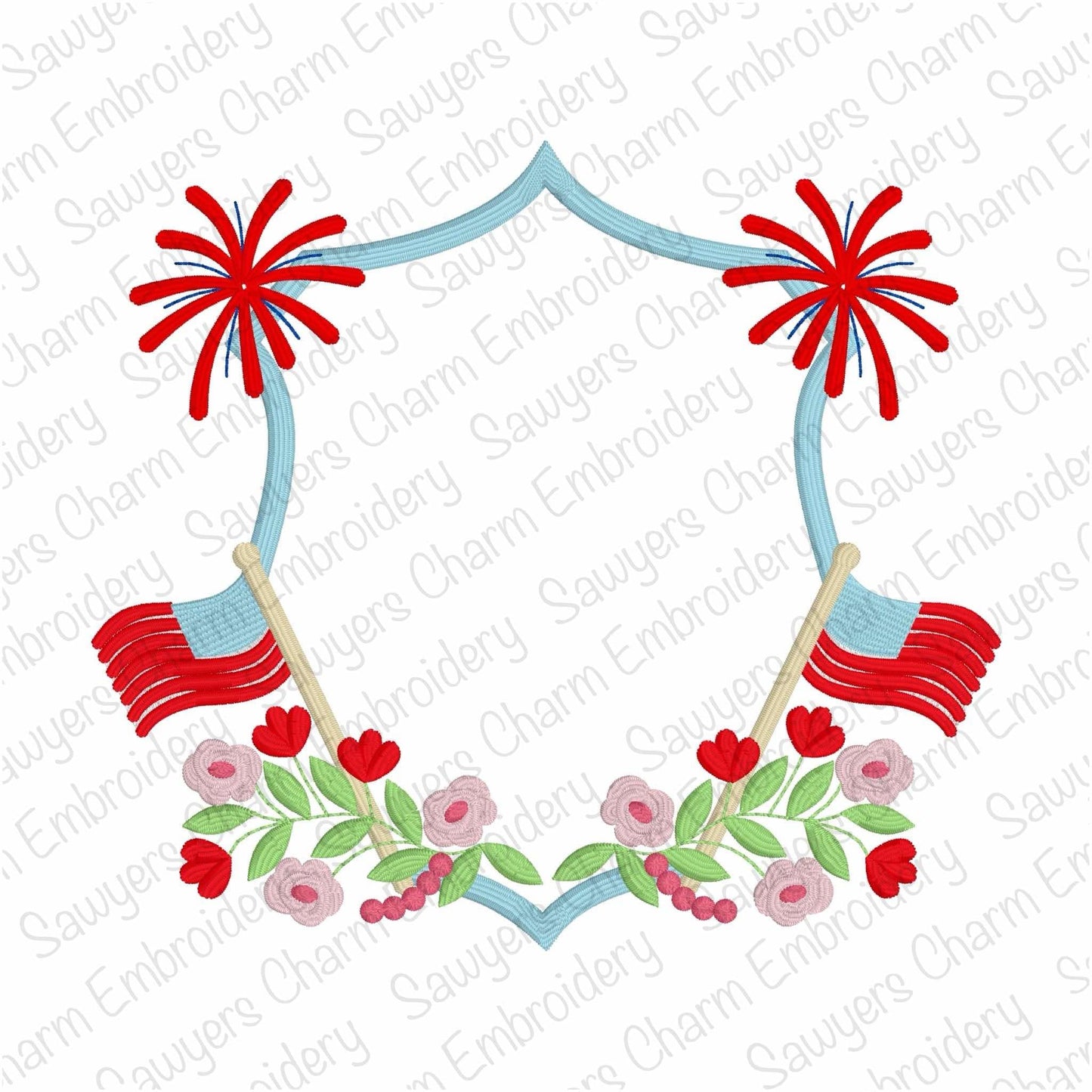 Patriotic floral crest monogram frame with fireworks, machine embroidery design, 4th of July, American flags