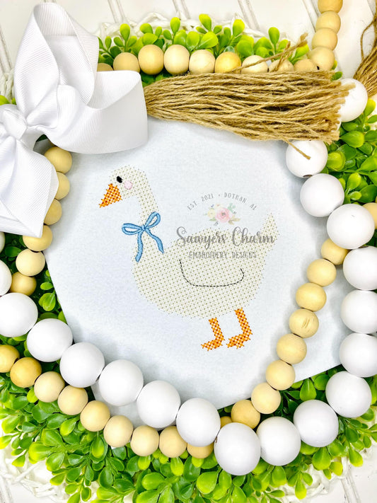 Cross stitch goose with coquette bow machine embroidery design file, spring farm animal, Easter, duck