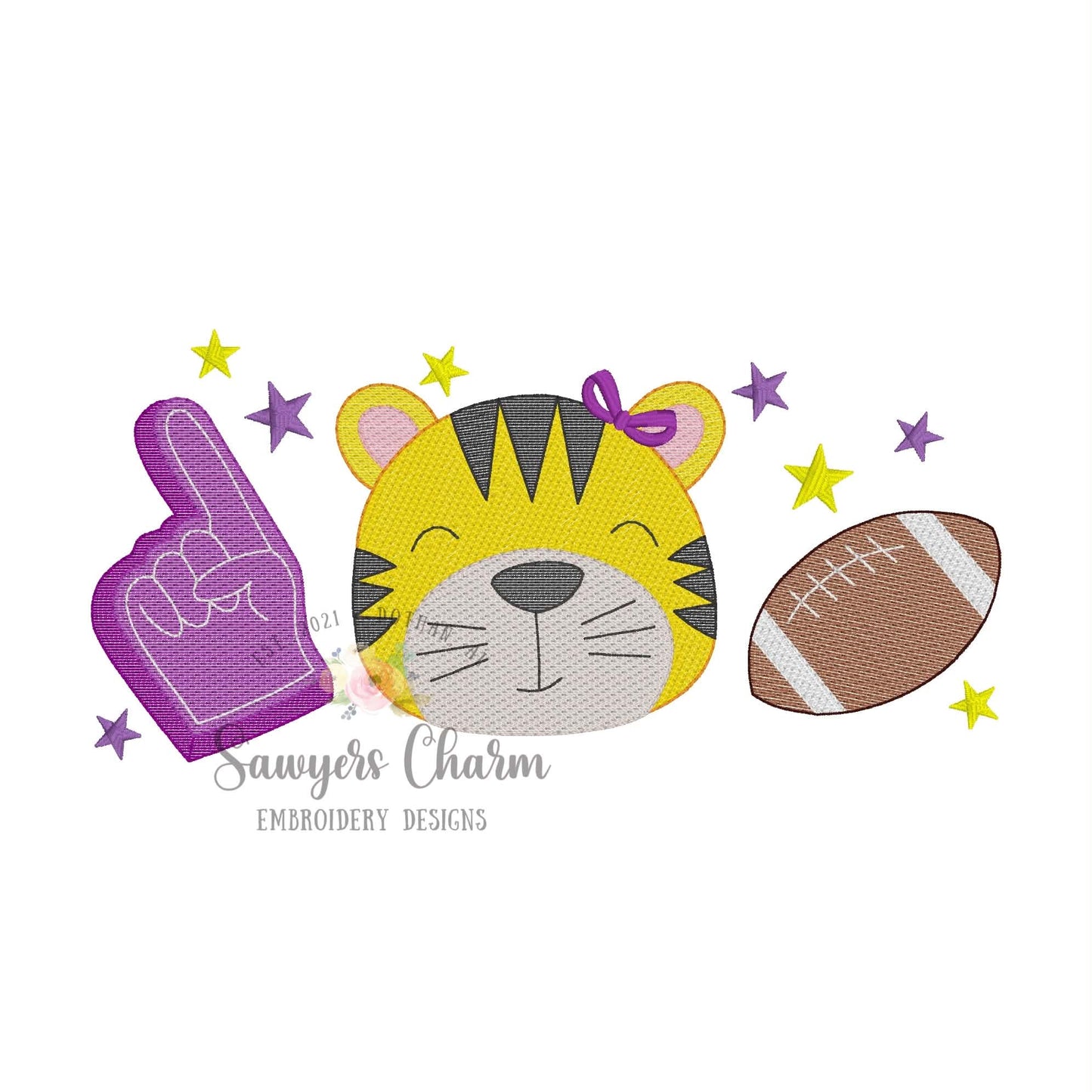 Tiger, foam finger, football trio, sketch stitch embroidery design BUNDLE, with/without bow, fall sports mascot with stars