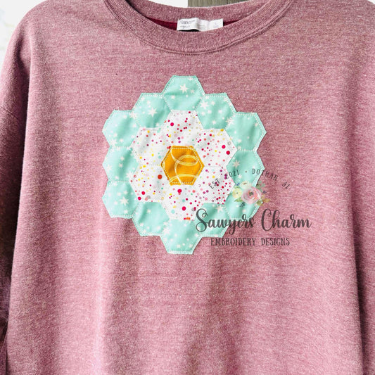 Hexagon bean stitch applique, machine embroidery file, vintage quilt design, grandmother's flower garden