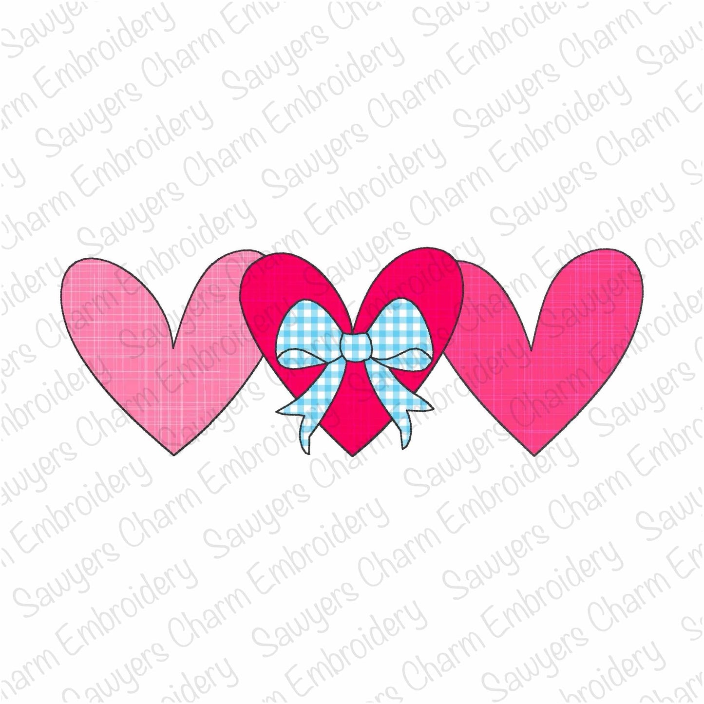 BUNDLE Heart trio with coquette bow zig zag & bean stitch applique, machine embroidery design, Valentine's Day love