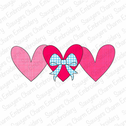 BUNDLE Heart trio with coquette bow zig zag & bean stitch applique, machine embroidery design, Valentine's Day love