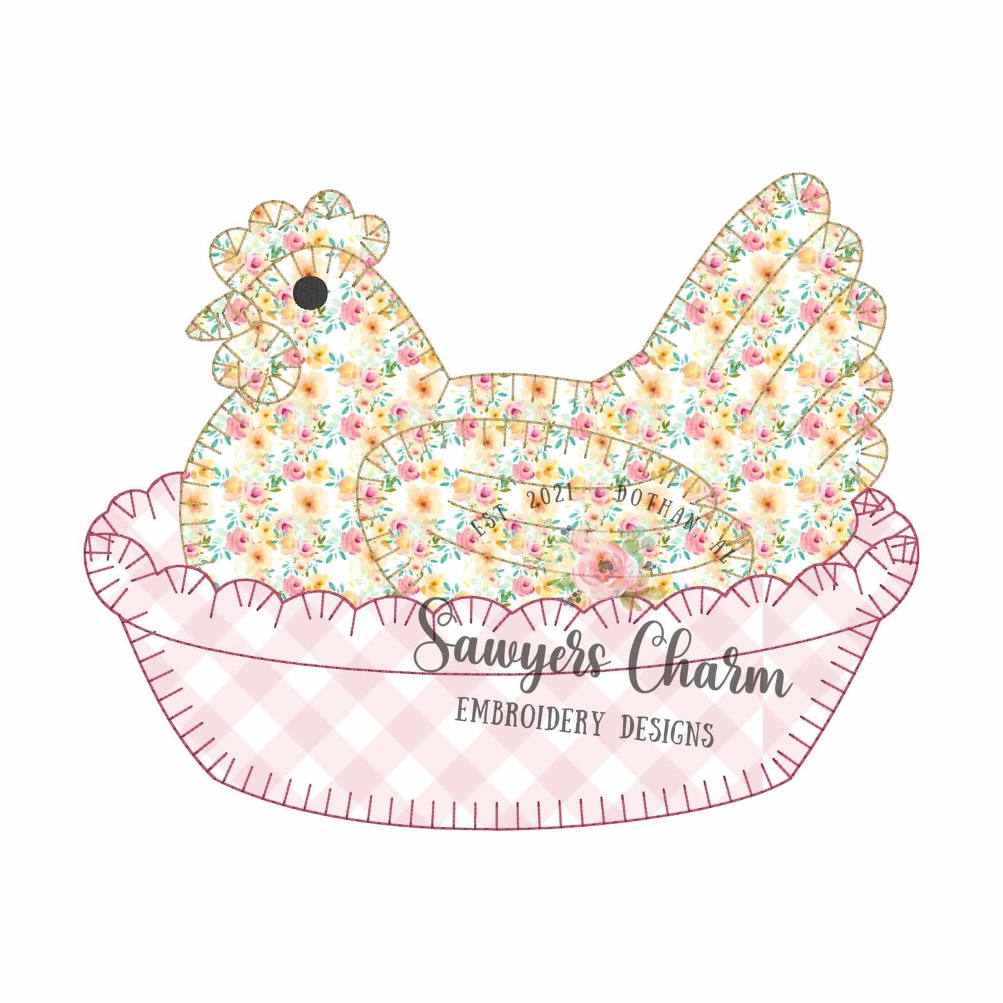 Hen on nest blanket stitch machine applique embroidery design, Vintage spring chicken
