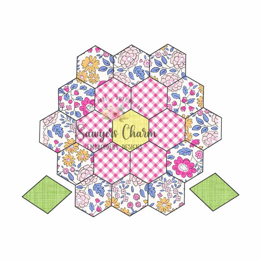Hexagon flower bean stitch applique with leaves, machine embroidery file, vintage quilt design, grandmother's flower garden