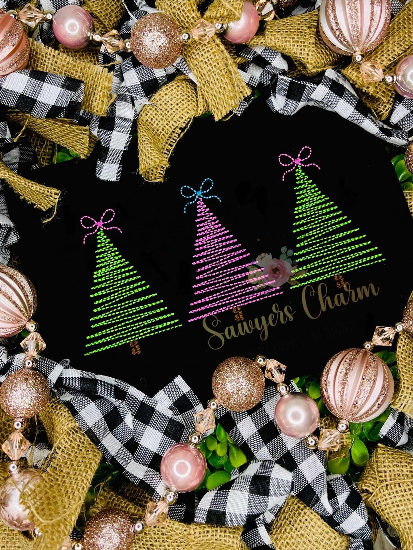 BUNDLE Christmas trees trio with bows & star bean stitch machine embroidery design file, quick stitch, happy holidays, merry christmas, boho