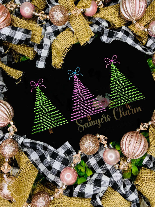 BUNDLE Christmas trees trio with bows & star bean stitch machine embroidery design file, quick stitch, happy holidays, merry christmas, boho