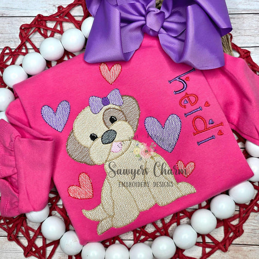 Puppy dog with coquette bow & hearts sketch stitch machine embroidery design