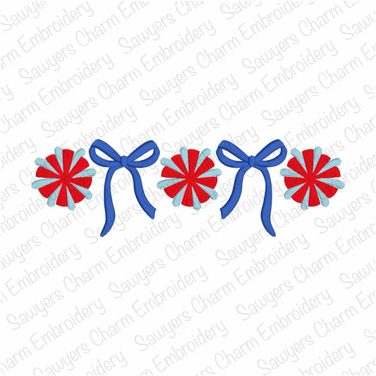 Trendy Coquette Bows & pom poms fill stitch, machine embroidery design, Larger sizes included, perfect for sports fan/mom, cheer