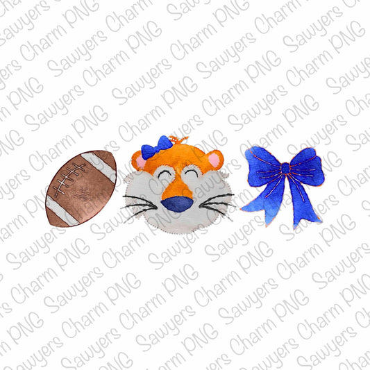 PNG watercolor Tiger mascot football coquette bow trio Printable file/Sublimation/Heat Transfer Design/Digital Clipart, cheerleader