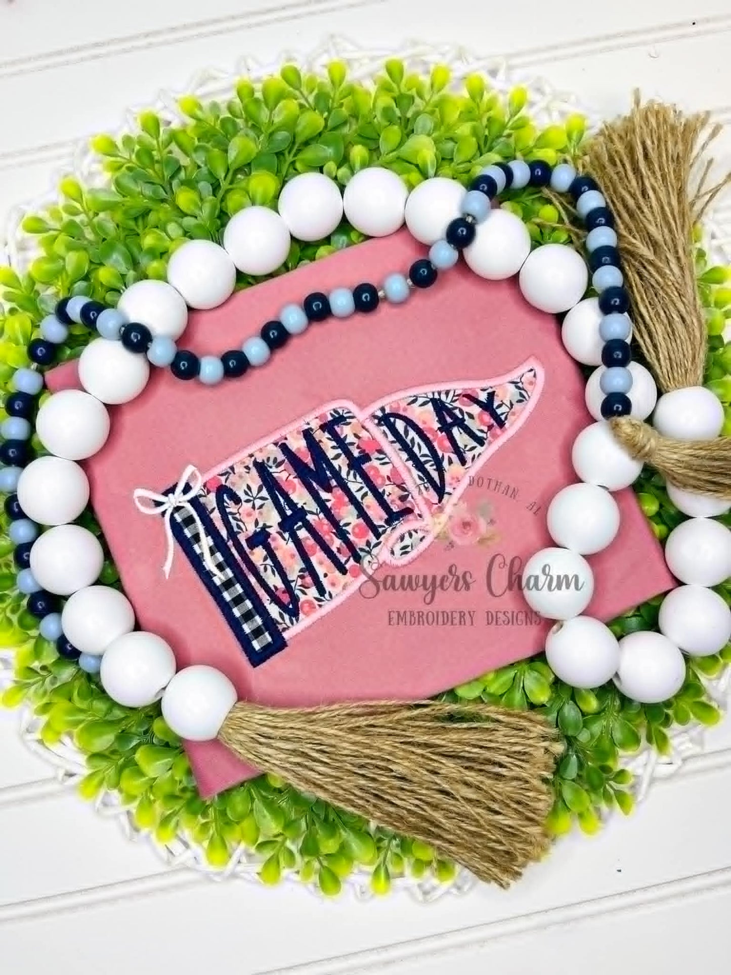 Game Day Pennant satin stitch applique, with coquette bow, ITH project, baseball, football, cheerleading, sports