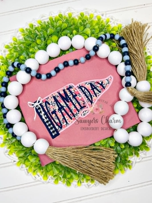 Game Day Pennant satin stitch applique, with coquette bow, ITH project, baseball, football, cheerleading, sports