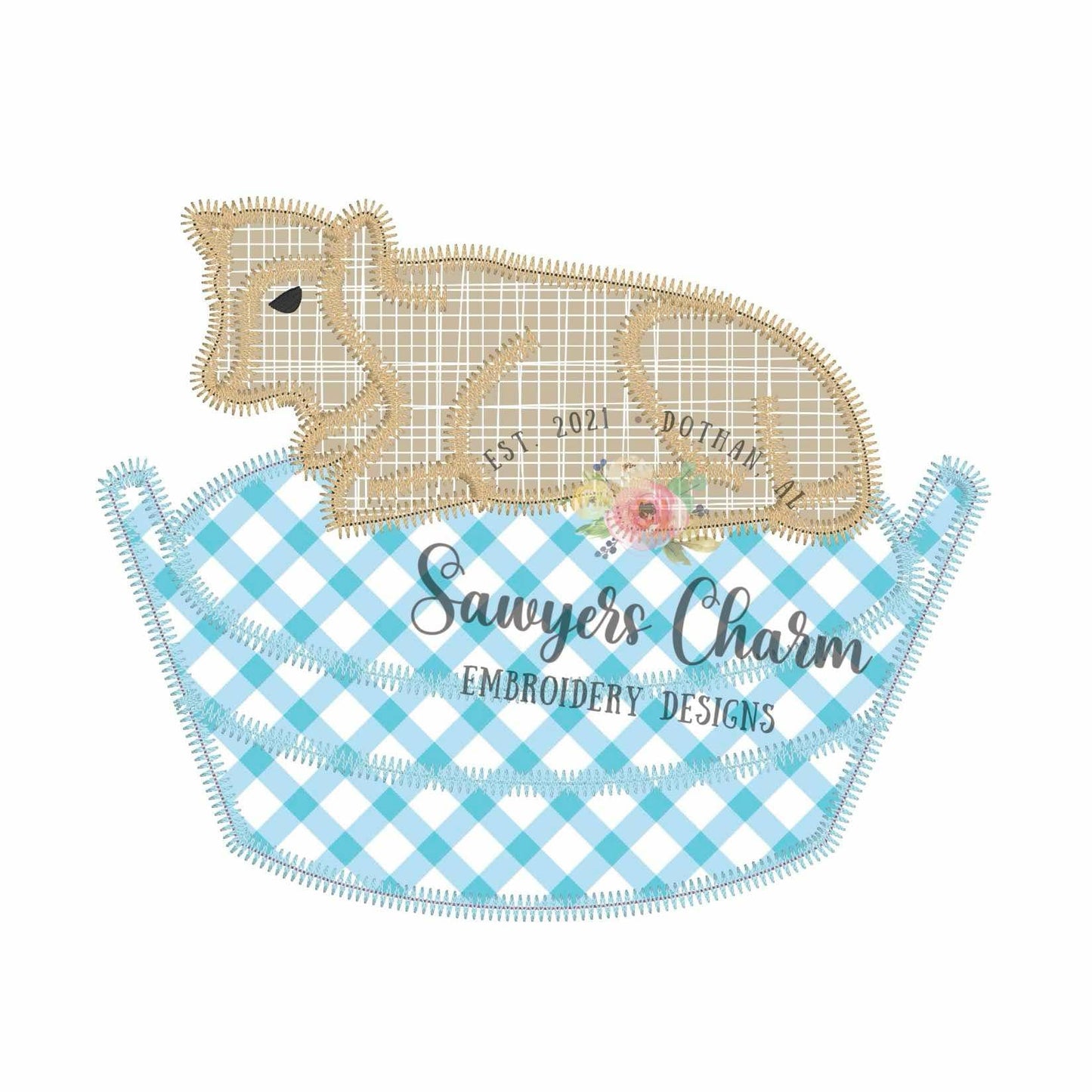 Cow on nest zig zag stitch machine applique embroidery design, Vintage spring, farm calf
