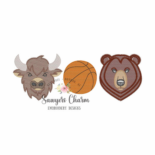 Bison, basketball, grizzly bear trio, sketch stitch embroidery design, house divided, sports mascot