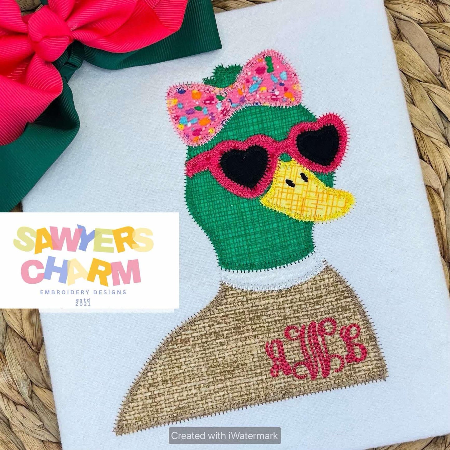 BUNDLE Valentine's Day Mallard duck with coquette bow and heart sunglasses bean & zig zag stitch machine applique embroidery design