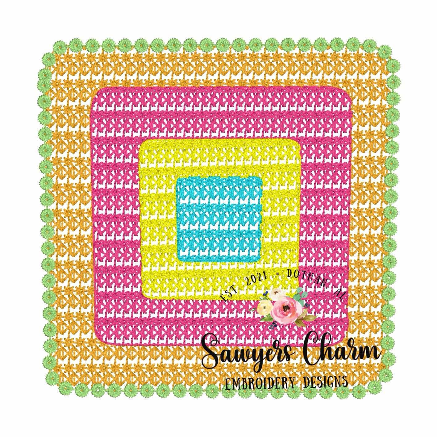 Crochet granny square machine embroidery design, vintage stitch boho quilt design