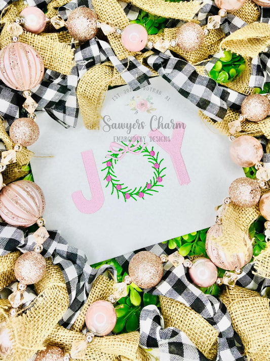 Christmas JOY wreath with coquette bow & berries fill stitch, machine embroidery design file, bean stitch, satin stitch, happy holidays