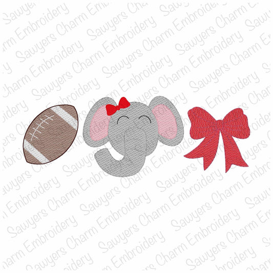 Embroidery design of an elephant with a bow, football, and red bow on a white background.