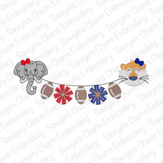 Decorative banner with elephant, tiger, and footballs on a white background with 'Saugeter Charm Embroidery' watermark.