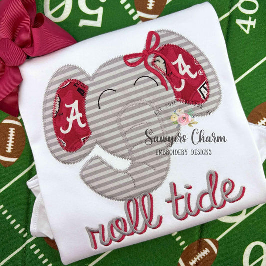 Embroidered shirt with elephant design and 'Roll Tide' text on a sports-themed background