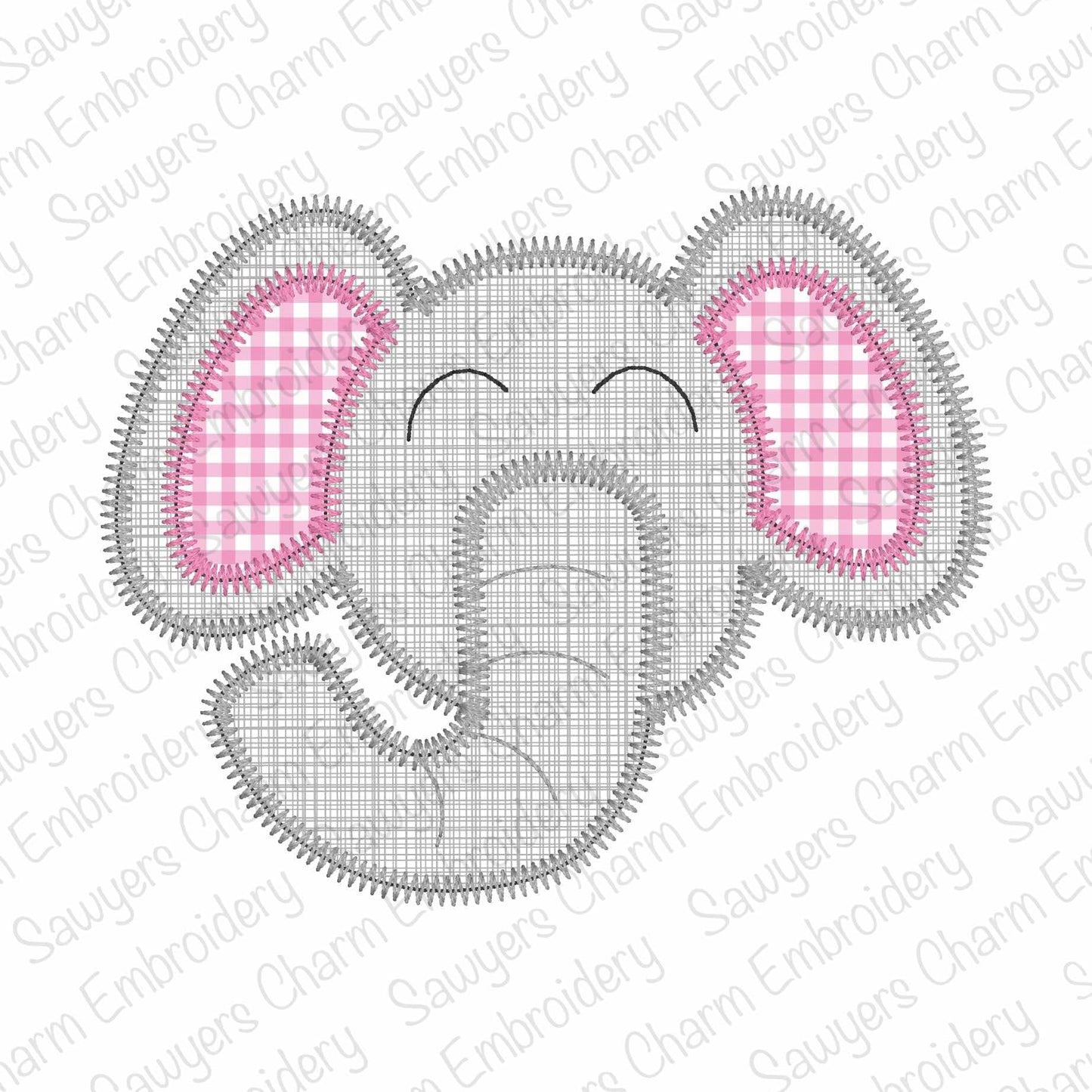 Embroidered design of an elephant face with pink checkered ears on a white background.