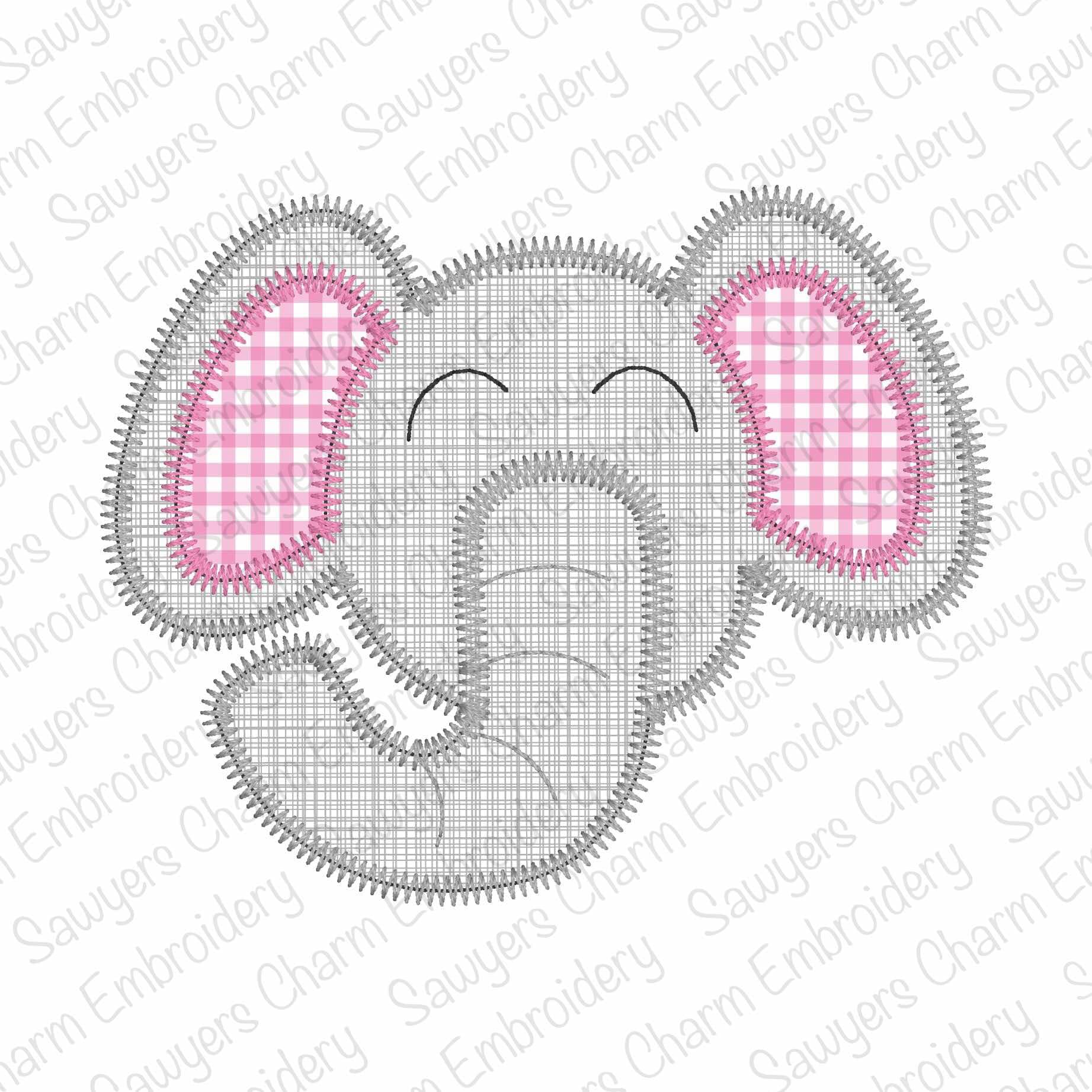 Embroidered design of an elephant face with pink checkered ears on a white background.