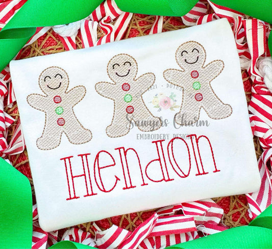 Gingerbread cookies trio sketch stitch machine embroidery design file, HO HO HO, Merry Christmas, happy holidays, baking cooking,