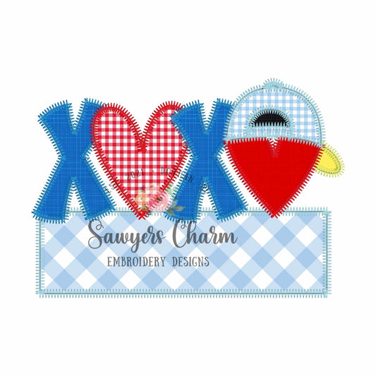 XOXO heart with ballcap/hat trio and name plate zig zag stitch applique, machine embroidery design, Valentine's Day love