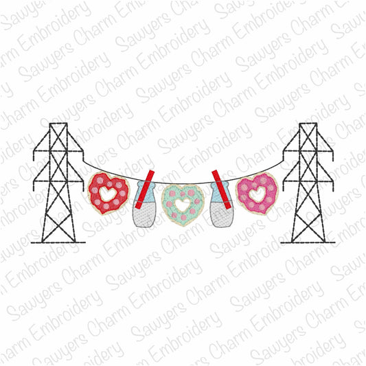 Transmission tower lineman heart donuts & milk bunting banner, sketch stitch machine embroidery design, bean stitch, love, Valentine's Day