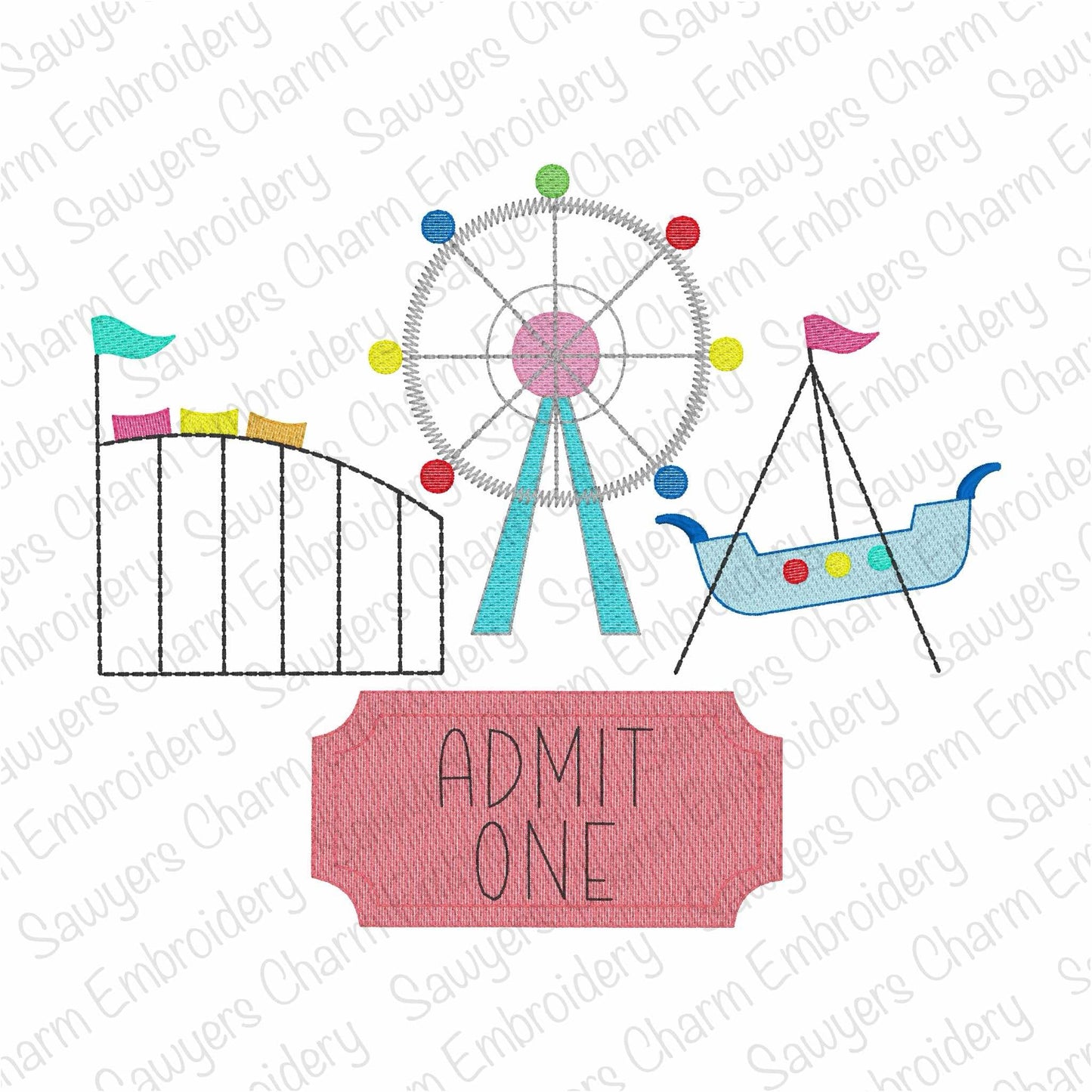 BUNDLE of individual fair rides & food sketch stitch machine embroidery design files, roller coaster, ferris wheel, roller coaster, lemonade