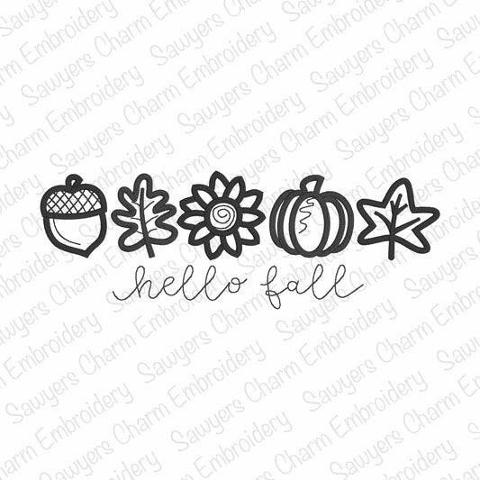 Trendy fall doodles satin stitch machine embroidery design file, coquette, hello fall, leaves, acorn, sunflower, pumpkin, larger sizes