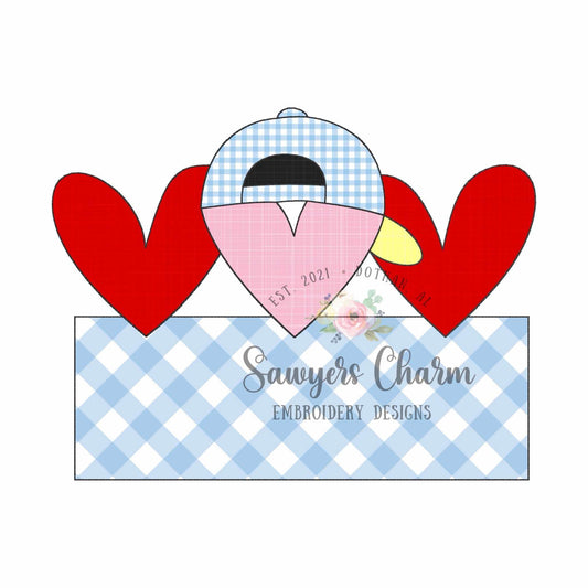Heart with ballcap/hat trio and name plate bean stitch applique, machine embroidery design, Valentine's Day love
