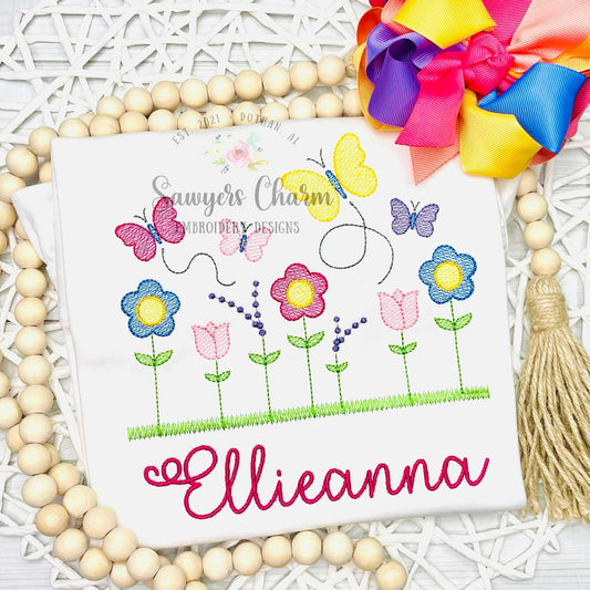 Row of wildflowers in grass with butterflies sketch stitch machine embroidery design, spring flowers tulip daisy lavender