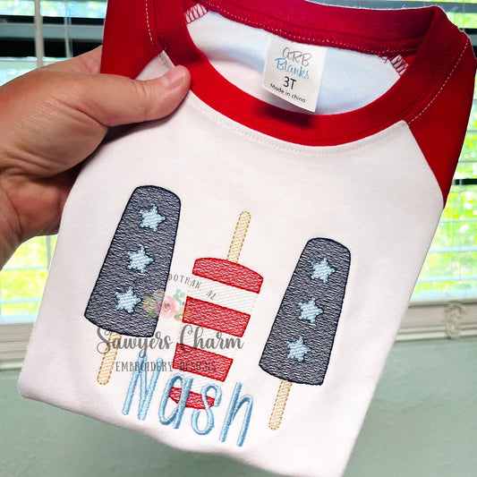 Patriotic popsicles trio sketch machine embroidery design file, quick stitch, bean stitch, stars and stripes, red white blue, July 4th